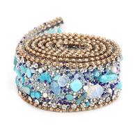 Crystal Chain Trim Ribbon Rhinestones Diamond Ribbon Mesh Wrap Roll Crystal for Arts Crafts DIY Party Decor (Blue Stone + Gold Bead Diamond Chain)