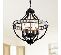 Crystal Chandelier Light Fixtures, 4-Lights Farmhouse Rustic Vintage Black Pendant Hanging Lighting Ceiling Chandeliers for Kitchen Island Dining Room Living Room Bedroom Foyer Hallway