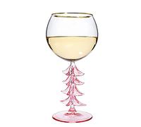 Crystal Christmas Holiday Tree Stemmed Wine Glass - Pink - 12oz Goblet Bordeaux Gold Rim Colored Glassware, Cheerful Party Festive New Years Cheer for Holiday Gift Xmas & Winter Season
