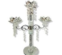 Crystal Clear Glass Lotus Candle Holders, 3-Tier Stand, 35 cm, Silver Crystals Filled