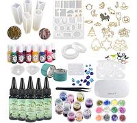 Crystal Clear UV Resin Crafts Kit with Color Liquid Pigment 12 Molds for Making Pendants Earrings Rings Bracelets Diamonds Jewelry Pieces + 58 Decorations Shining Glitter Flowers + Portable Lamp