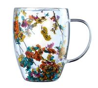 Crystal Coffee Mug | Anti-Scald Tea Cup | Insulated Layer Flowers Coffee Cup | Ergonomic Handle Anti-Scald Glass Mugs | Coffees Mug Built-in Selected Dried Flowers for Family Friends