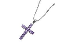 Crystal Cross Necklace For Women Men 3A+ Cubic Zirconia Pendant Princess Cut Gemstone Necklace With Silver Plated Chain Religious Jewelry Gifts Purple