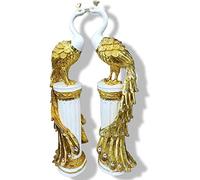 CRYSTAL CROWN® Crushed Diamond Italian Peacock Pair Stand Romany Diamante Gift Shelf Sitter door/Outdoor Home Display Ornament (Gold + White)