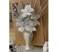 CRYSTAL CROWN® Crushed Diamond Silver Sparkle Mosaic Vase With White Flowers Ornament - Glitter Flower for Home Decoration