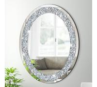Crystal Crushed Diamond Oval Shaped Silver Mirror Glam Bling for Wall Decoration 24x32x0.9inch Frameless Wall Hang Sparkly Glass Mirror Stunning Stylish Fashion Home Decor Decorative Beautiful Mirror