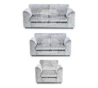 Crystal Crushed Velvet 6 Seater 3 Piece Sofa Suite - 3, 2 and Armchair Seater Full Back Furnishings For Less UK Silver One Size