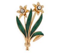 Crystal Daffodil With Green Enamel Leaves Floral Brooch In Gold Plating - 60mm L