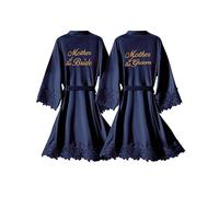 Crystal Dew 2 Pcs Mother of the Bride Groom Robe with Lace Trim Embroidery Bridal Satin Kimono Robes for Wedding Day, Navy, One Size