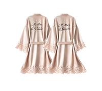 Crystal Dew 2 Pcs Mother of the Bride Groom Robe with Lace Trim Embroidery Bridal Satin Kimono Robes for Wedding Day, Champagne, One Size