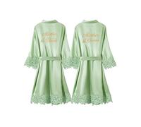 Crystal Dew 2 Pcs Mother of the Bride Groom Robe with Lace Trim Embroidery Bridal Satin Kimono Robes for Wedding Day, Sage Green, One Size