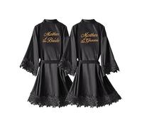 Crystal Dew 2 Pcs Mother of the Bride Groom Robe with Lace Trim Embroidery Bridal Satin Kimono Robes for Wedding Day, Black, One Size
