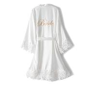 Crystal Dew Women's Lace Trim Bride Kimono Robes with Embroidery Bridal Silky Satin Bathrobe Wedding Party Sleepwear, White, One Size