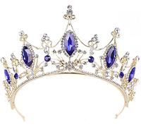 Crystal Diamond Tiara, Gold Full Round Queen King Tiara Crown, Blue Crystal Tiaras Crown Bride Wedding Party Ornaments, for Parties, Weddings, Proms, Costume The Shape is Exquisite and The Costume is