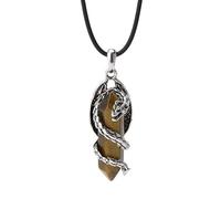 Crystal Dragon Necklace For Women Men, Dragon Wrapped Hexagonal Prism Healing Stone Amulet Protection Necklace Retro Cool Mens Natural Gemstone Pendant Jewelry Tiger Eye Stone