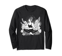Crystal Energy Yoga Tee, Spiritual Boho Foliage Hand-Drawn Long Sleeve T-Shirt
