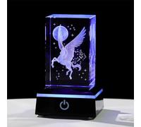 Crystal Engraved 3D Flying Horse Pegasus Figurine Paperweight with LED Base, Glass Unicorn and Moon Collectible Ornament Gifts for Women Men on Birthday Christmas