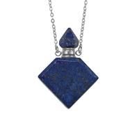 Crystal Essential Oil Diffuser Stone Pendant Necklace for Women Men Polished Gemstone Square Pendulum Perfume Bottle Pendant with Silver Chain 18" Lapis Lazuli Silver Chain