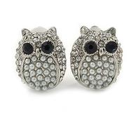 Crystal Faux Pearl Owl Stud Clip On Earrings/20mm L/Silver Tone
