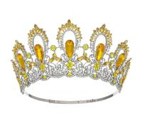 Crystal Feather Round Bridal Tiaras Crowns Royal Queen Rhinestone Pageant Diadem Wedding Hair Accessories Silver Yellow