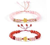 Crystal Feng Shui Wealth Natural Chakra Gemstone Pure Silver Flower Charm Peach Blossom Agate/Rose Quartz Bangle Vacation Jewelry Talisman Money Love/2178