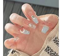 Crystal Glam Long Coffin Press On Nails With Star And Moon Charms - Blue French Tip False Nails For Women, Square Fake With Rhinestones And Gems For Art, DIY Manicure And Daily Decorations