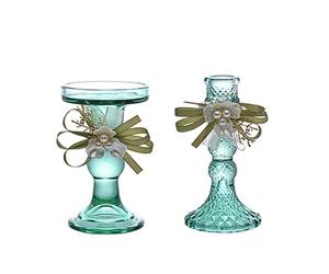 Crystal Glass Candlestick Base Set of 2 Candlelight Dinner Decoration Photo Prop Wedding Ornament Green Floral Ribbon