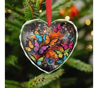 Crystal Glass Christmas Ornaments - Art Graffiti Butterflies Print 3.5 Inch Rustic Heart Xmas Tree Decor with Hanging String, Personalized Vintage Holiday Party Decorations for Xmas Gifts