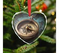 Crystal Glass Christmas Ornaments - Old Compass 3.5 Inch Rustic Heart Xmas Tree Decor with Hanging String, Personalized Vintage Holiday Party Decorations for Xmas Gifts
