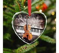 Crystal Glass Christmas Ornaments - Piano Violin Music Notes 3.5 Inch Rustic Heart Xmas Tree Decor with Hanging String, Personalized Vintage Holiday Party Decorations for Xmas Gifts