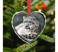 Crystal Glass Christmas Ornaments - Snow Leopard 3.5 Inch Rustic Heart Xmas Tree Decor with Hanging String, Personalized Vintage Holiday Party Decorations for Xmas Gifts