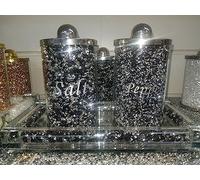 Crystal Glass Crushed Diamond Kitchen Salt and Pepper with Tray Storage Or Accessory Unique Collection to Your Kitchen Decor Kitchen Accessories (Black)