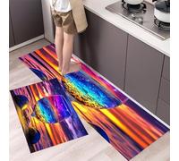 Crystal Glass Kitchen Rugs Non Skid Washable Mats Set of 2 PCS, Sunset Over The Sea Absorbent Runner Rugs for Kitchen, Front of Sink,Sink Laundry, 40x60cm+40x120cm Purple