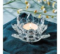 Crystal Glass Lotus Candle Holder Set of 2 - Faceted Lotus Flower Petals - Clear Crystal-Like Glass with LED Tealights Included - Elegant Table & Home Décor - 5 x 11.5 cm Diameter