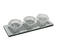 Crystal Glass Tealight Candle Holder for 3 Candles - Mirrored Edge, Crushed Diamond Effect, Non-Slip Base