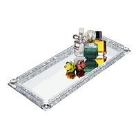 Crystal Glass Tray, Mirror Modern Dresser Cosmetic Tray with Broken Diamonds, 13.7" x 5.9" Rectangular Jewelry Trinket Perfume Tray for Bathroom Bedroom, Home Decor, Hotel Banquet, Party (Silver)