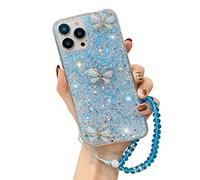 Crystal Glitter 3D Butterfly Case Compatible with Samsung Galaxy A21s Phone Cases Clear Soft TPU Shockproof Cover with Diamond Wrist Strap Transparent Protective Cover for Girls Women(Blue)