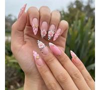 Crystal Glossy Pink Marbled 3D Floral Stiletto Press On Nails With Gold Accent - Elegant Soft White Black Dot Artificial False Nail Tips Set For Wedding Party Event, Gala, Prom, Date Night