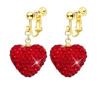 Crystal Heart Earrings, Clip on Glitter Cute Big Red Heart Rhinestone Statement Drop Dangle Jewelry for Women, Non Pierced, Strawberry Earrings, Zinc, No Gemstone