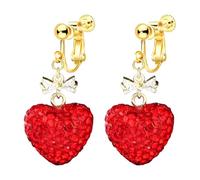 Crystal Heart Earrings, Clip on Glitter Cute Big Red Heart Rhinestone Statement Drop Dangle Jewelry for Women, Non Pierced, Strawberry Earrings, Zinc, No Gemstone