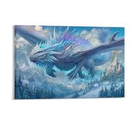 Crystal Ice Dragon Canvas Wall Art, Fantasy Animal Ice Castle Mountain Picture Painting on Canvas, Print Poster Decoration Artwork for Home Living Room Bedroom Wall Decor Frame 12x18inch(30x45cm)