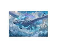 Crystal Ice Dragon Canvas Wall Art, Fantasy Animal Ice Castle Mountain Picture Painting on Canvas, Print Poster Decoration Artwork for Home Living Room Bedroom Wall Decor Unframe 16x24inch(40x60cm)