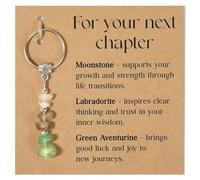 Crystal Keychain Gift for Women, Good Luck Charm Keyring with Moonstone Labradorite Aventurine, Inspirational New Beginnings Present for Coworker Colleague Friend Retirement Moving Away New Job