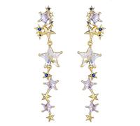 Crystal Long Star Dangle Earrings for Women Girls 925 Sterling Silver Post Pin 14K Gold Plated Shiny Tassel CZ Stars Celestial Charms Drop Dangle Stud Lightweight Fashion Birthday Wedding Party
