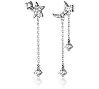 Crystal Moon Star Dangle Drop Stud Earrings S925 Sterling Silver for Women Girls Dainty CZ Diamond Tassel Threader Chain Dangling Earring Asymmetrical Studs Fashion Jewelry Gifts (Silver)
