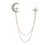 Crystal Moon Star Lapel Pin Brooch for Women Men Unisex Rhinestone Celestial Planet Tassel Chain Corsage Elegant Shiny Layered Suit Coat Badge Collar Sweather Decoration Accessories Jewelry (Gold)