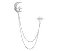 Crystal Moon Star Lapel Pin Brooch for Women Men Unisex Rhinestone Celestial Planet Tassel Chain Corsage Elegant Shiny Layered Suit Coat Badge Collar Sweather Decoration Accessories Jewelry (Silver)