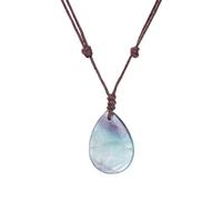 Crystal Necklace,Adjustable High-End Fashion Natural Gemstone Crystal Teardrop Pendant Leather Cord Necklace,Energy Jewellery for Women Men Rainbow Fluorite