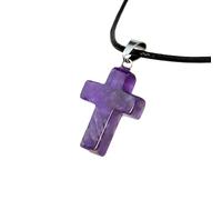 Crystal Necklace,Adjustable Lobster Clasp High-End Natural Gemstone Crystal Leather Cord Cross Pendant Necklace,Energy Jewellery for Women Men Amethyst