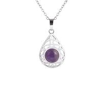 Crystal Necklaces for Women Natural Crystal Stone Pendant Necklace,Hollow Water Drop Charm with Silver Chain,Polished Gemstone Choker for Women Men Amethyst